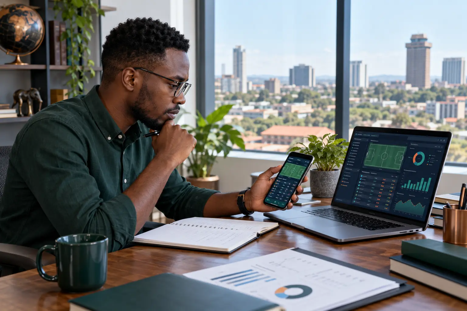 Adult Zambian user independently reviewing a sports platform in Lusaka