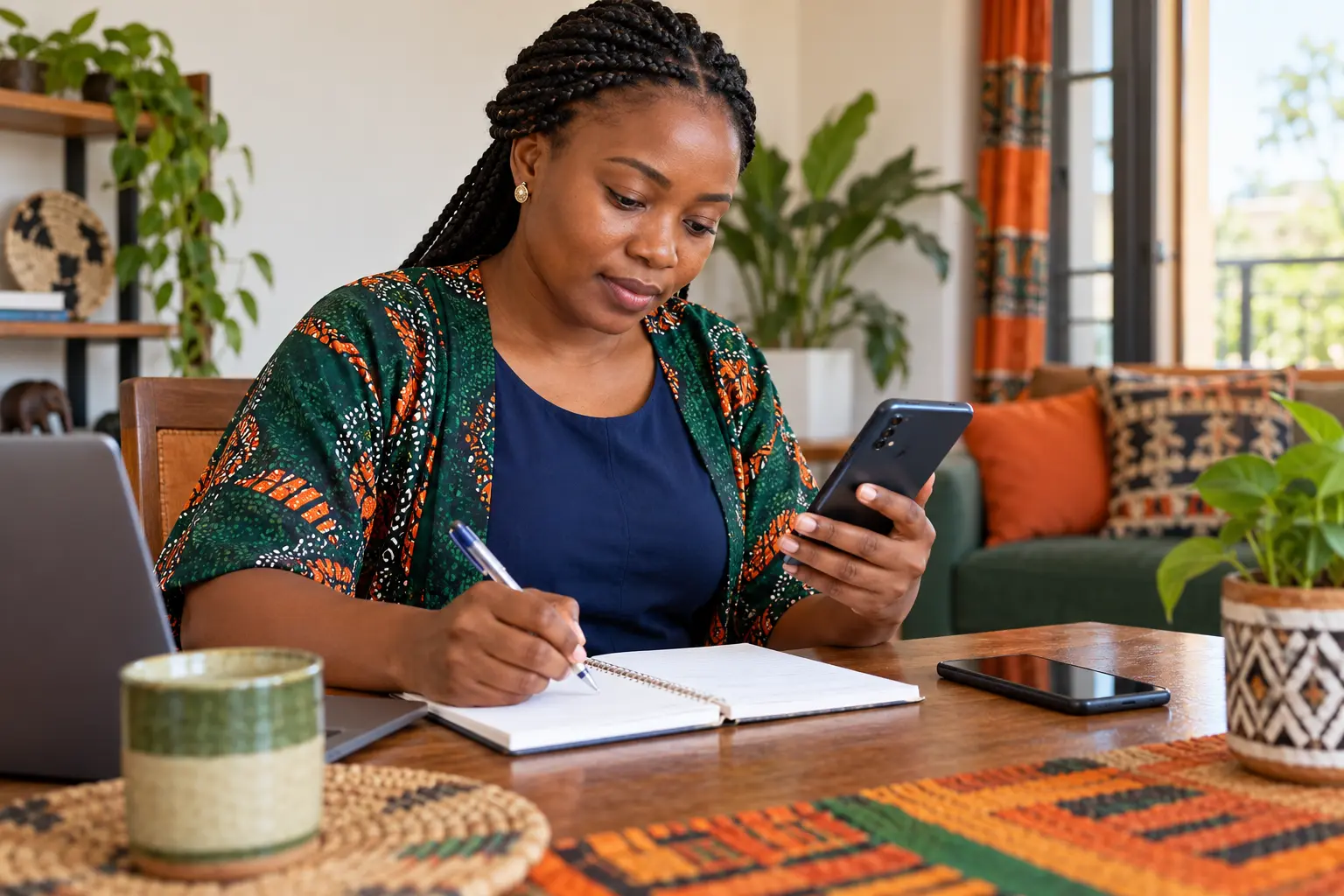 Adult Zambian customer checking a mobile-money confirmation and recording its reference in Lusaka