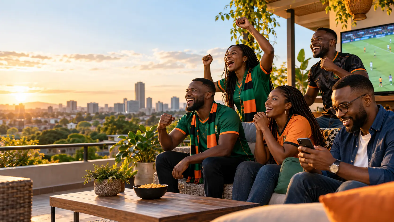 Adult Zambian football supporters following a match in Lusaka